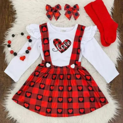 Save More Clearance Sale is Live Now Sweet Letter and Heart Print White T-shirt and Red Plaid Suspender Skirt Set